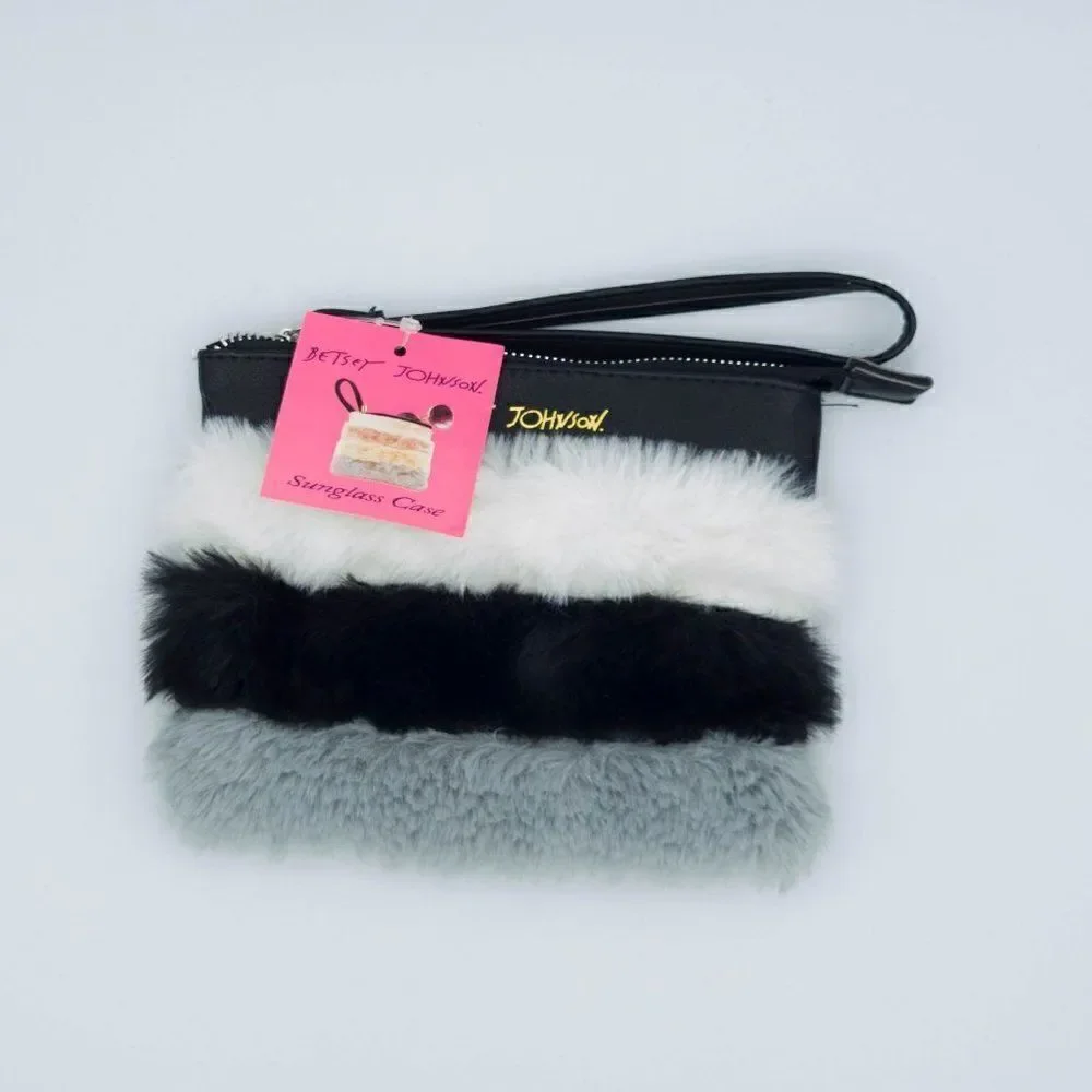 Betsey Johnson Faux Fur Sunglasses Case (grey/white/black) NWOT